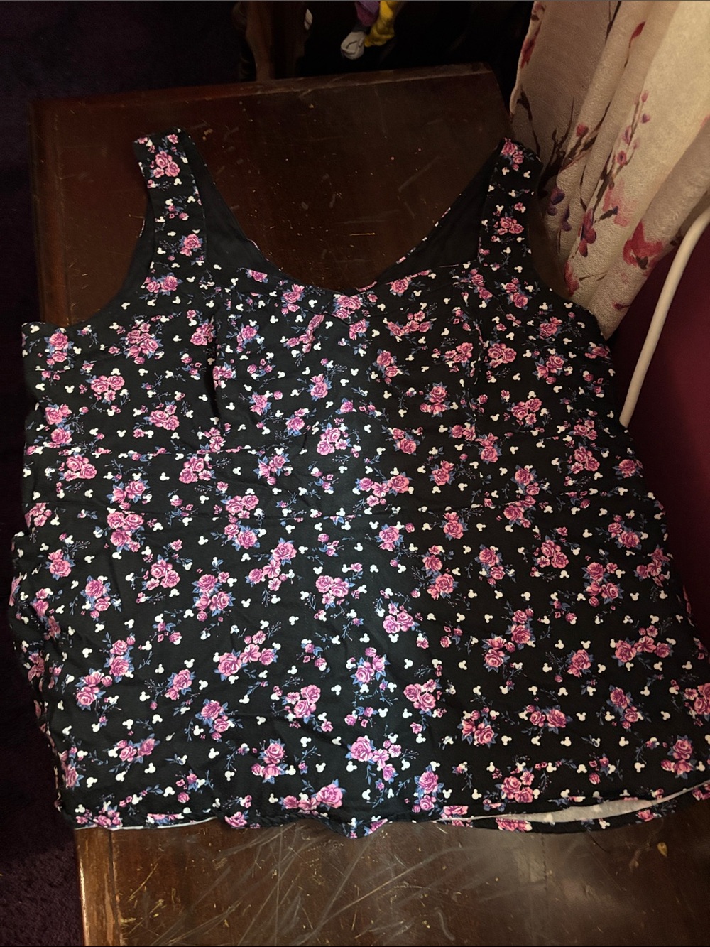 Floral Black Tank Top with Pink Rose Print